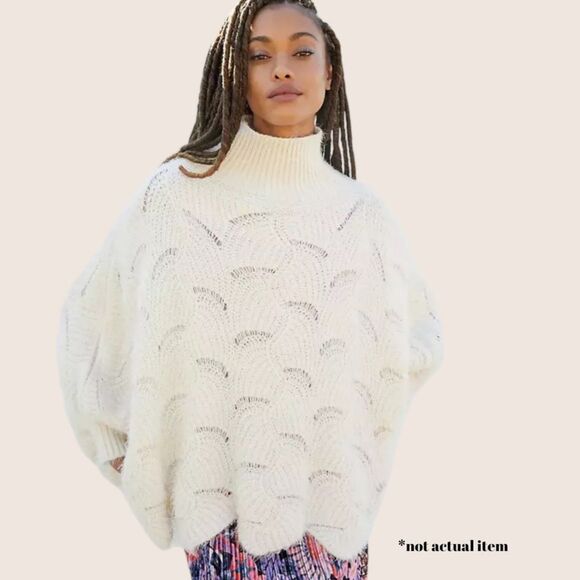 🤍 ANTHRO RUE SCALLOPED HEM EYELASH CAPE SWEATER WHITE OSFM NWT SUPER SOFT - Picture 1 of 9